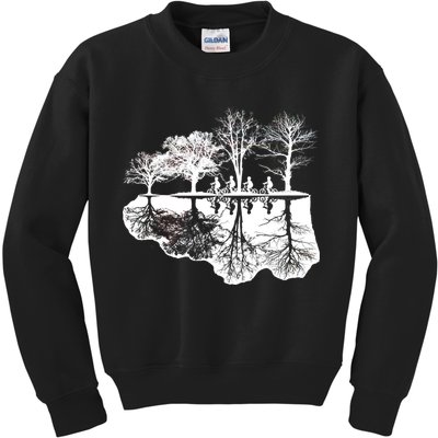 Kids Riding Bikes Through Trees Upside Down Kids Sweatshirt