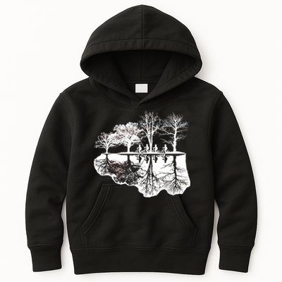 Kids Riding Bikes Through Trees Upside Down Kids Hoodie