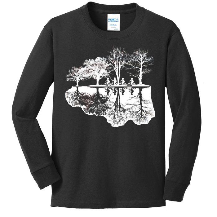 Kids Riding Bikes Through Trees Upside Down Kids Long Sleeve Shirt