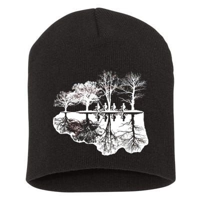 Kids Riding Bikes Through Trees Upside Down Short Acrylic Beanie