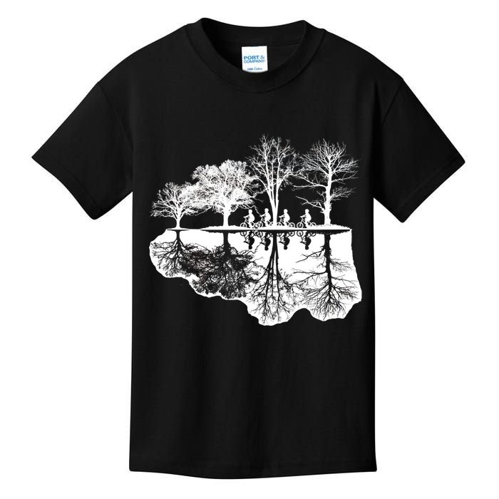 Kids Riding Bikes Through Trees Upside Down Kids T-Shirt