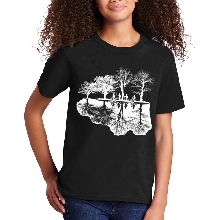 Kids Riding Bikes Through Trees Upside Down Kids T-Shirt