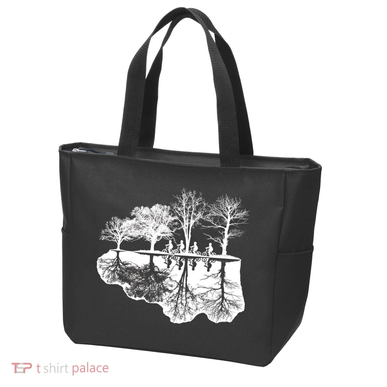 Kids Riding Bikes Through Trees Upside Down Zip Tote Bag