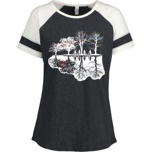 Kids Riding Bikes Through Trees Upside Down Enza Ladies Jersey Colorblock Tee