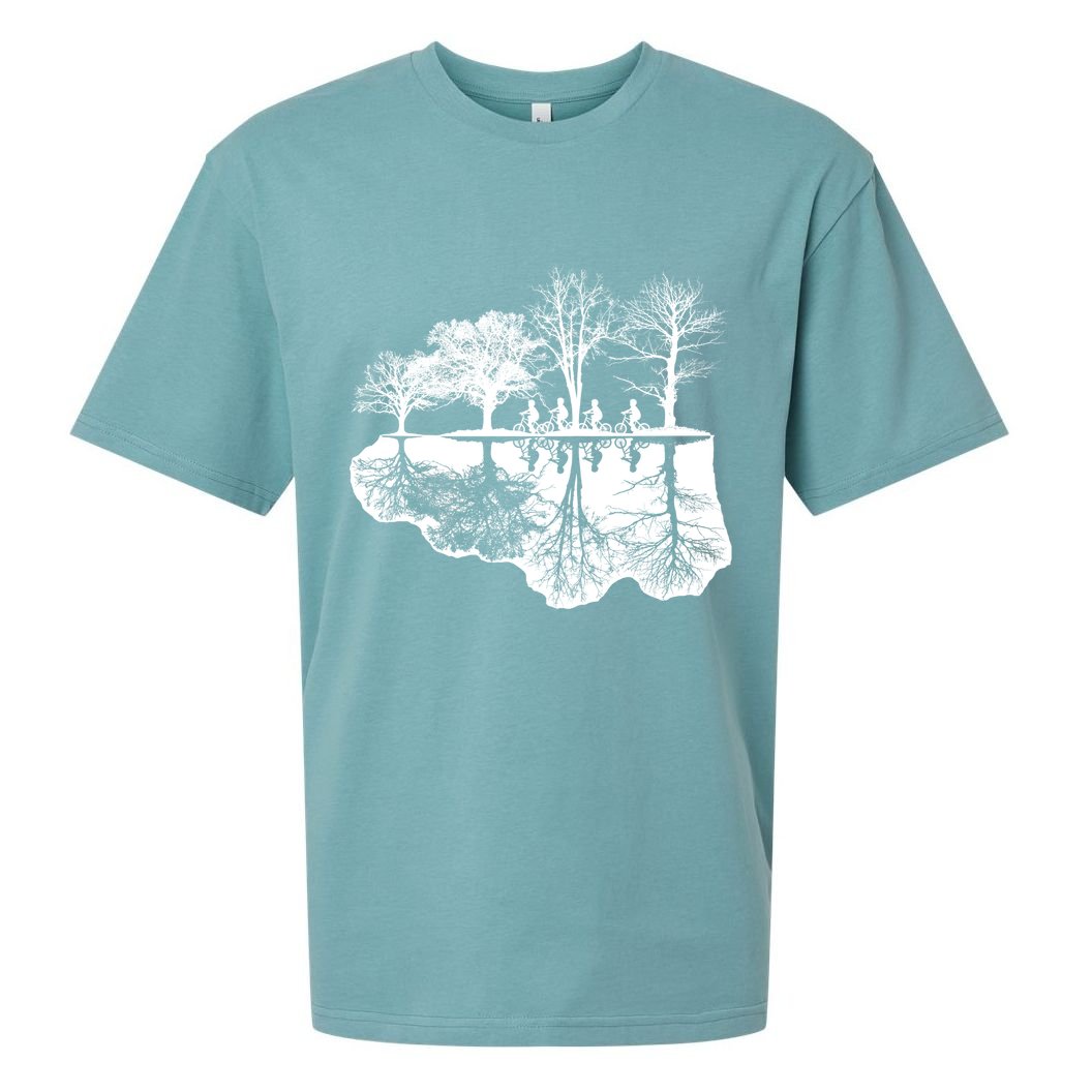 Kids Riding Bikes Through Trees Upside Down Sueded Cloud Jersey T-Shirt