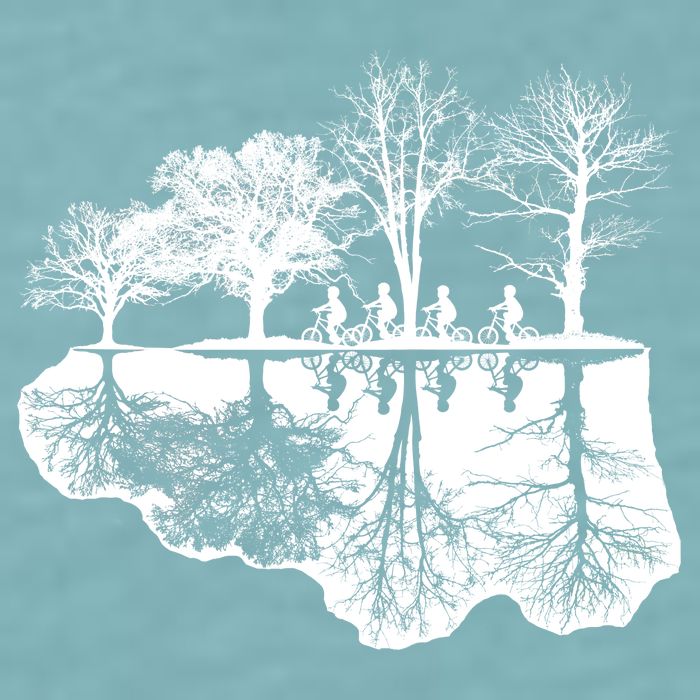 Kids Riding Bikes Through Trees Upside Down Sueded Cloud Jersey T-Shirt