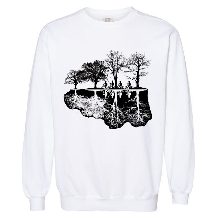 Kids Riding Bikes Through Trees Upside Down Garment-Dyed Sweatshirt