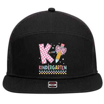 K Is For Kindergarten Teacher Coquette Bow Back To School 7 Panel Mesh Trucker Snapback Hat