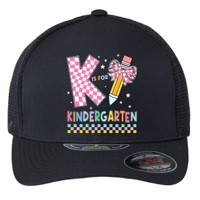 K Is For Kindergarten Teacher Coquette Bow Back To School Flexfit Unipanel Trucker Cap