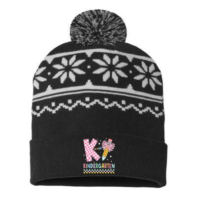 K Is For Kindergarten Teacher Coquette Bow Back To School USA-Made Snowflake Beanie