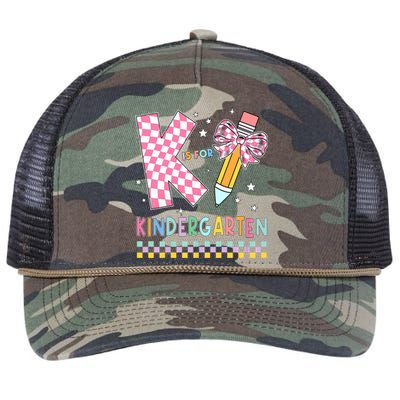 K Is For Kindergarten Teacher Coquette Bow Back To School Retro Rope Trucker Hat Cap