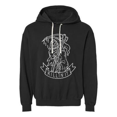 Killin It Funny Grim Reaper Distressed Tattoo Art Graphic Garment-Dyed Fleece Hoodie