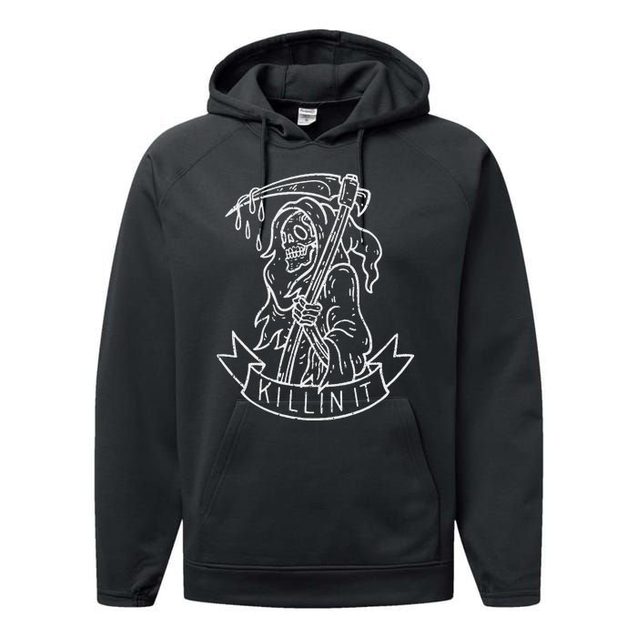 Killin It Funny Grim Reaper Distressed Tattoo Art Graphic Performance Fleece Hoodie