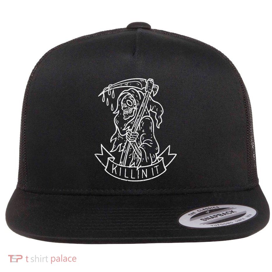 Killin It Funny Grim Reaper Distressed Tattoo Art Graphic Flat Bill Trucker Hat