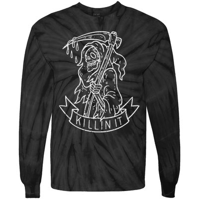 Killin It Funny Grim Reaper Distressed Tattoo Art Graphic Tie-Dye Long Sleeve Shirt