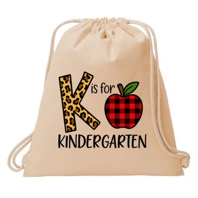 K Is For Kindergarten Teacher Leopard Buffalo Plaid Drawstring Bag