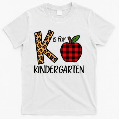 K Is For Kindergarten Teacher Leopard Buffalo Plaid T-Shirt