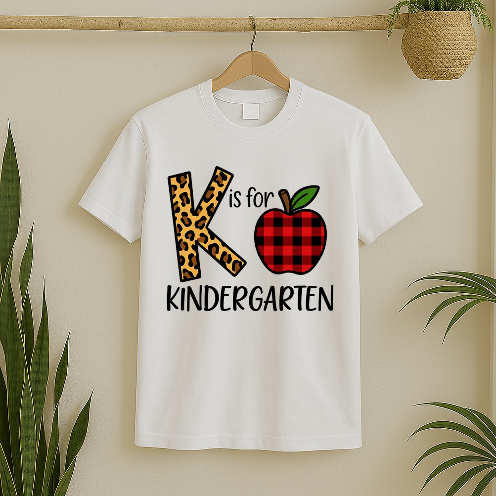 K Is For Kindergarten Teacher Leopard Buffalo Plaid T-Shirt