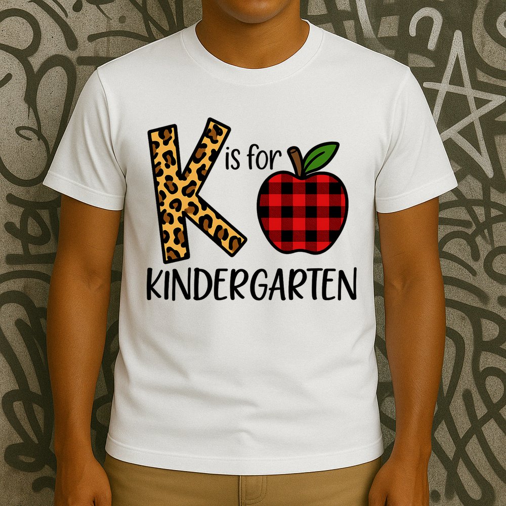 K Is For Kindergarten Teacher Leopard Buffalo Plaid T-Shirt
