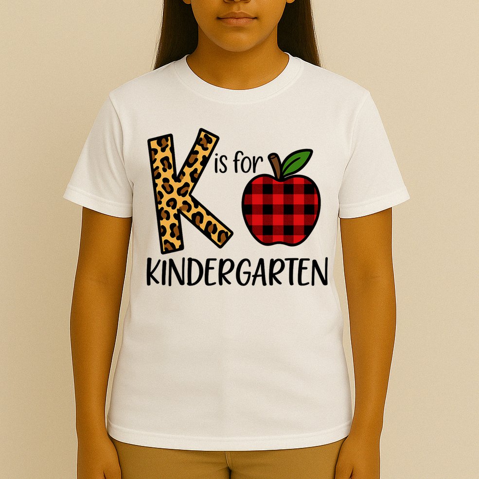 K Is For Kindergarten Teacher Leopard Buffalo Plaid T-Shirt
