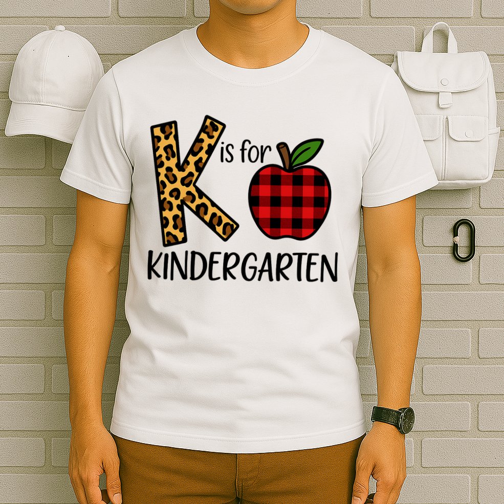 K Is For Kindergarten Teacher Leopard Buffalo Plaid T-Shirt