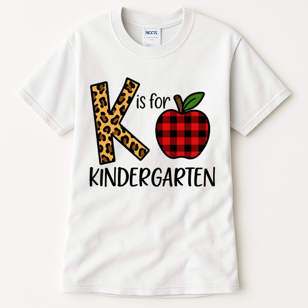 K Is For Kindergarten Teacher Leopard Buffalo Plaid Tall T-Shirt