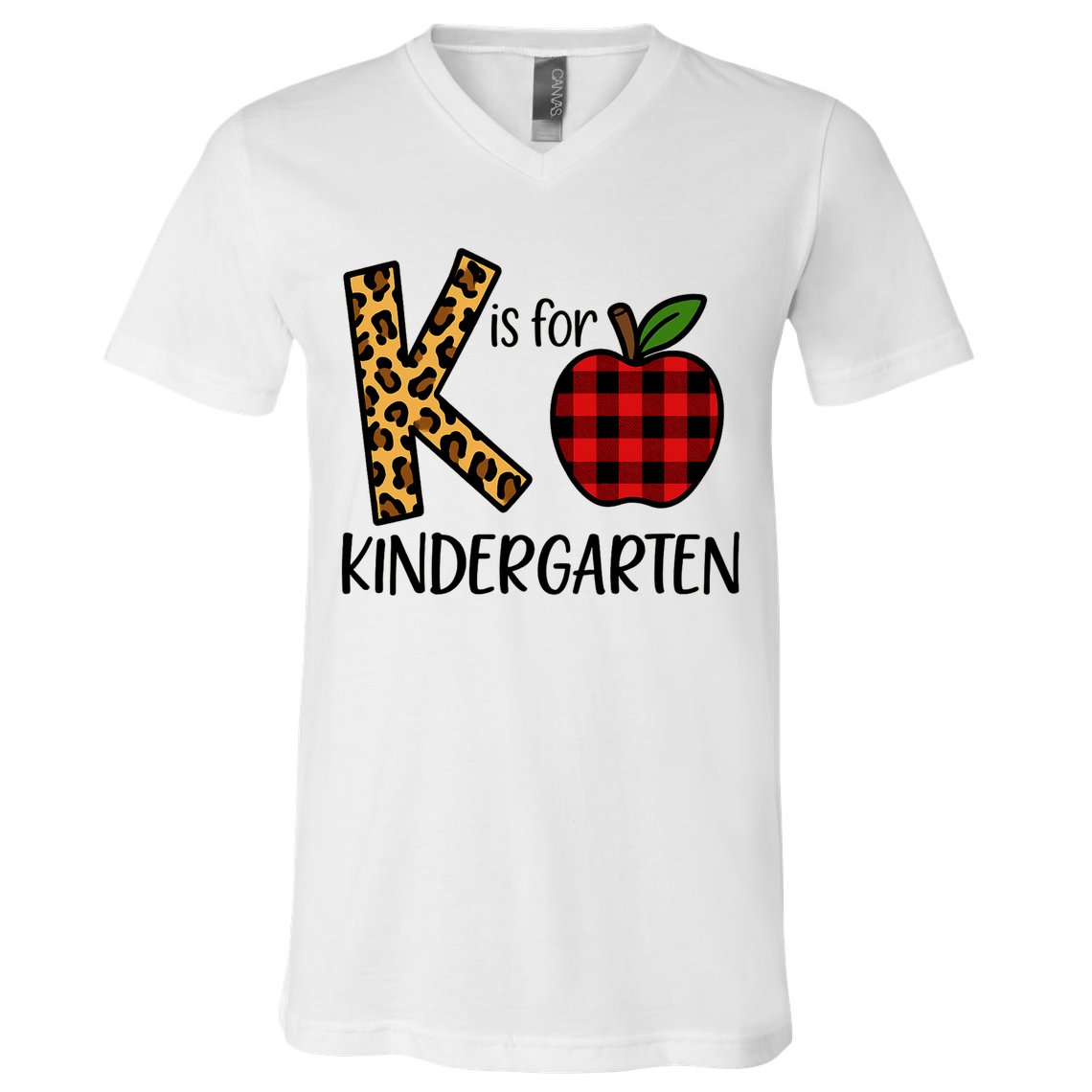 K Is For Kindergarten Teacher Leopard Buffalo Plaid V-Neck T-Shirt