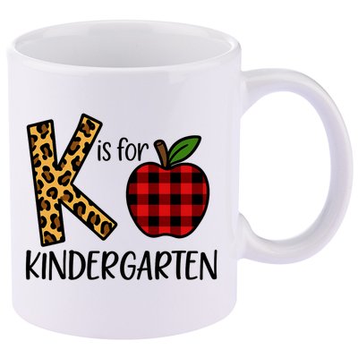 K Is For Kindergarten Teacher Leopard Buffalo Plaid 11oz C Handle Ceramic Mug