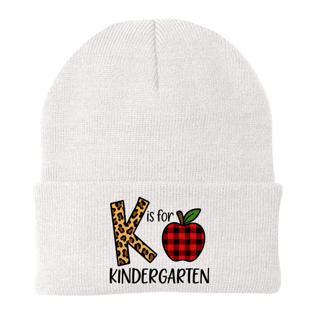K Is For Kindergarten Teacher Leopard Buffalo Plaid Beanie