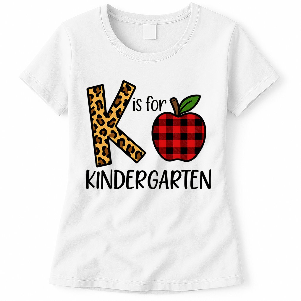 K Is For Kindergarten Teacher Leopard Buffalo Plaid Womens T-Shirt