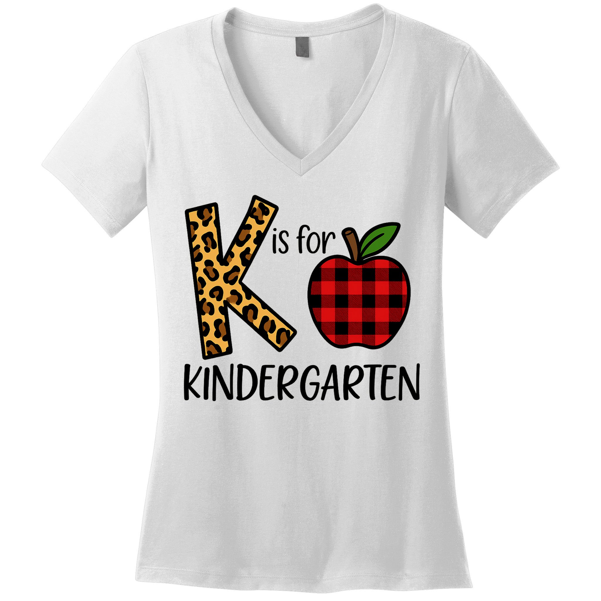K Is For Kindergarten Teacher Leopard Buffalo Plaid Women's V-Neck T-Shirt