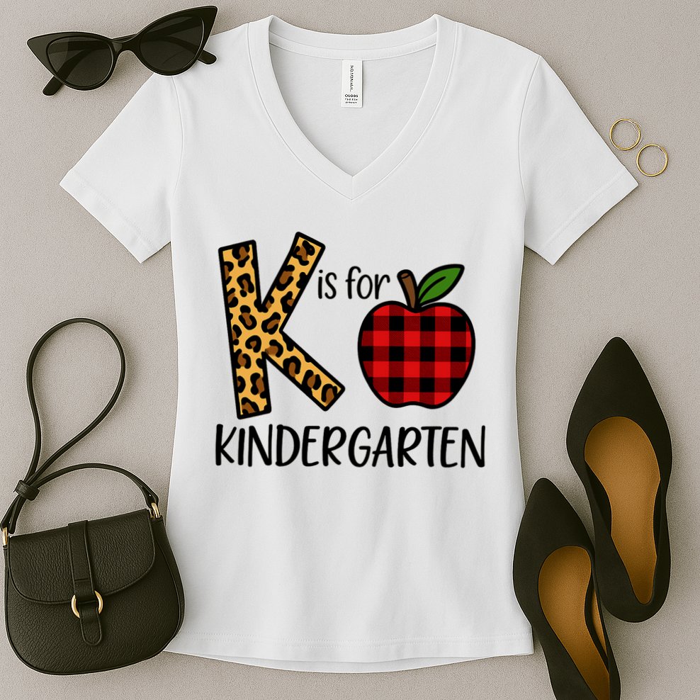 K Is For Kindergarten Teacher Leopard Buffalo Plaid Women's V-Neck T-Shirt