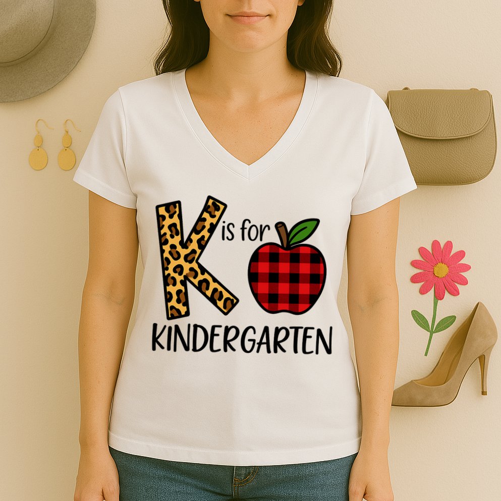 K Is For Kindergarten Teacher Leopard Buffalo Plaid Women's V-Neck T-Shirt