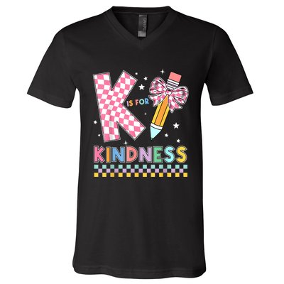 K Is For Kindness Cute Pencil Bow Teacher Be Kind V-Neck T-Shirt