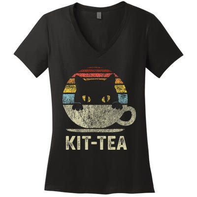 Keeping It Low Keykit Tea Black Kitty Cat Tea Lover Women's V-Neck T-Shirt