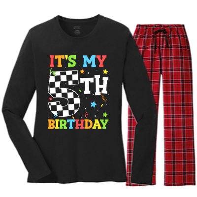 Kids Its My 5th Birthday Boy 5 Five Racing Car Flag Race Car Women's Long Sleeve Flannel Pajama Set 