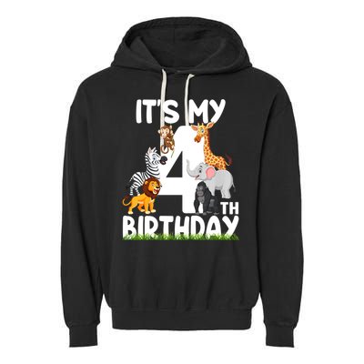 Kids It's My 4th Birthday Zoo Jungle Safari 4 Years Old Animals Garment-Dyed Fleece Hoodie