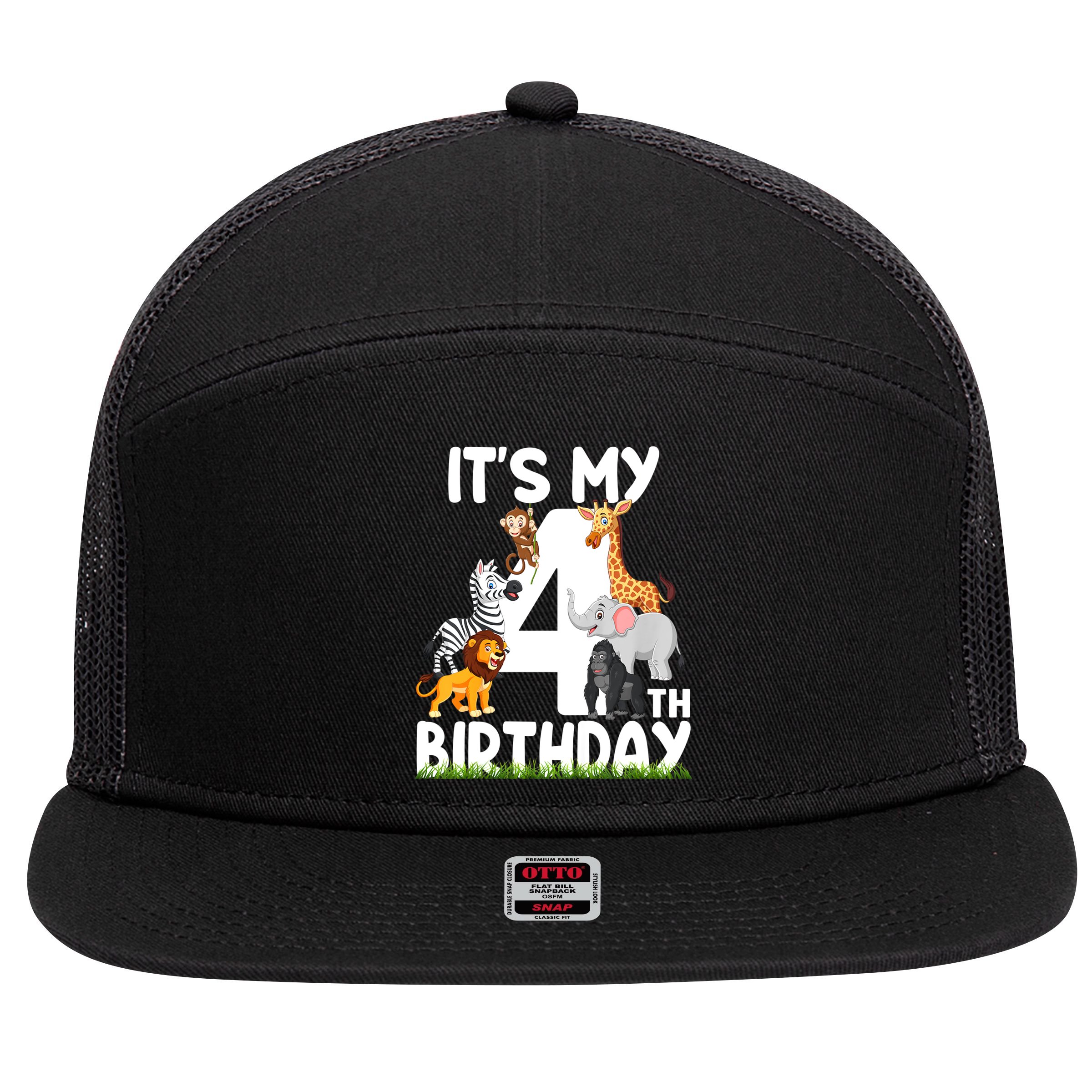 Kids It's My 4th Birthday Zoo Jungle Safari 4 Years Old Animals 7 Panel Mesh Trucker Snapback Hat