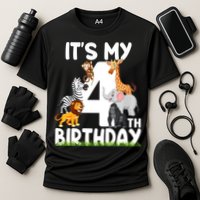 Kids It's My 4th Birthday Zoo Jungle Safari 4 Years Old Animals Cooling Performance Crew T-Shirt