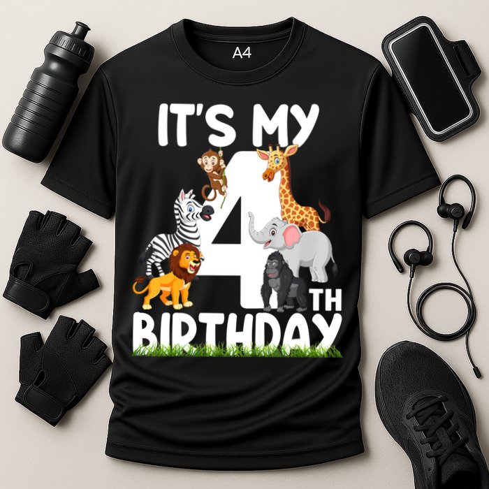 Kids It's My 4th Birthday Zoo Jungle Safari 4 Years Old Animals Cooling Performance Crew T-Shirt