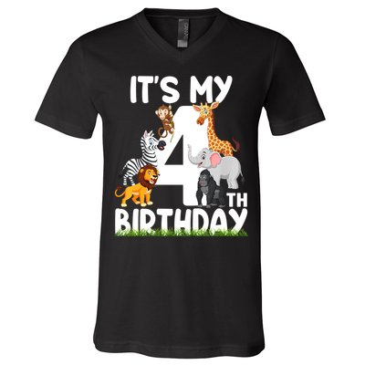 Kids It's My 4th Birthday Zoo Jungle Safari 4 Years Old Animals V-Neck T-Shirt