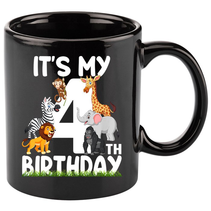 Kids It's My 4th Birthday Zoo Jungle Safari 4 Years Old Animals 11oz C Handle Ceramic Mug