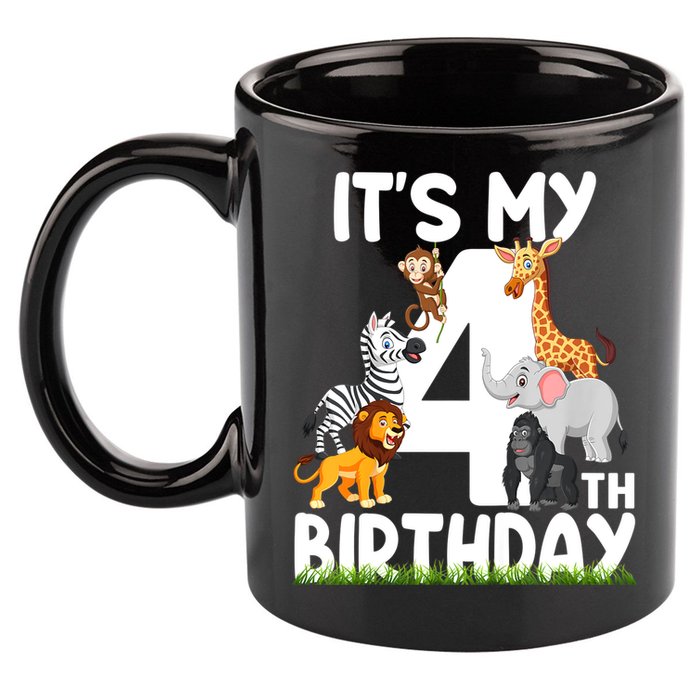 Kids It's My 4th Birthday Zoo Jungle Safari 4 Years Old Animals 11oz C Handle Ceramic Mug