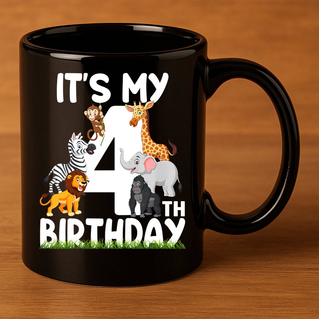Kids It's My 4th Birthday Zoo Jungle Safari 4 Years Old Animals 11oz C Handle Ceramic Mug