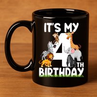 Kids It's My 4th Birthday Zoo Jungle Safari 4 Years Old Animals 11oz C Handle Ceramic Mug