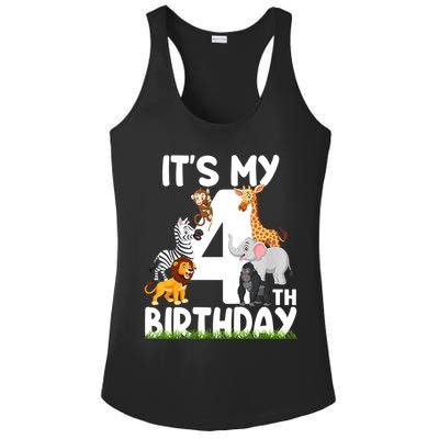Kids It's My 4th Birthday Zoo Jungle Safari 4 Years Old Animals Ladies PosiCharge Competitor Racerback Tank