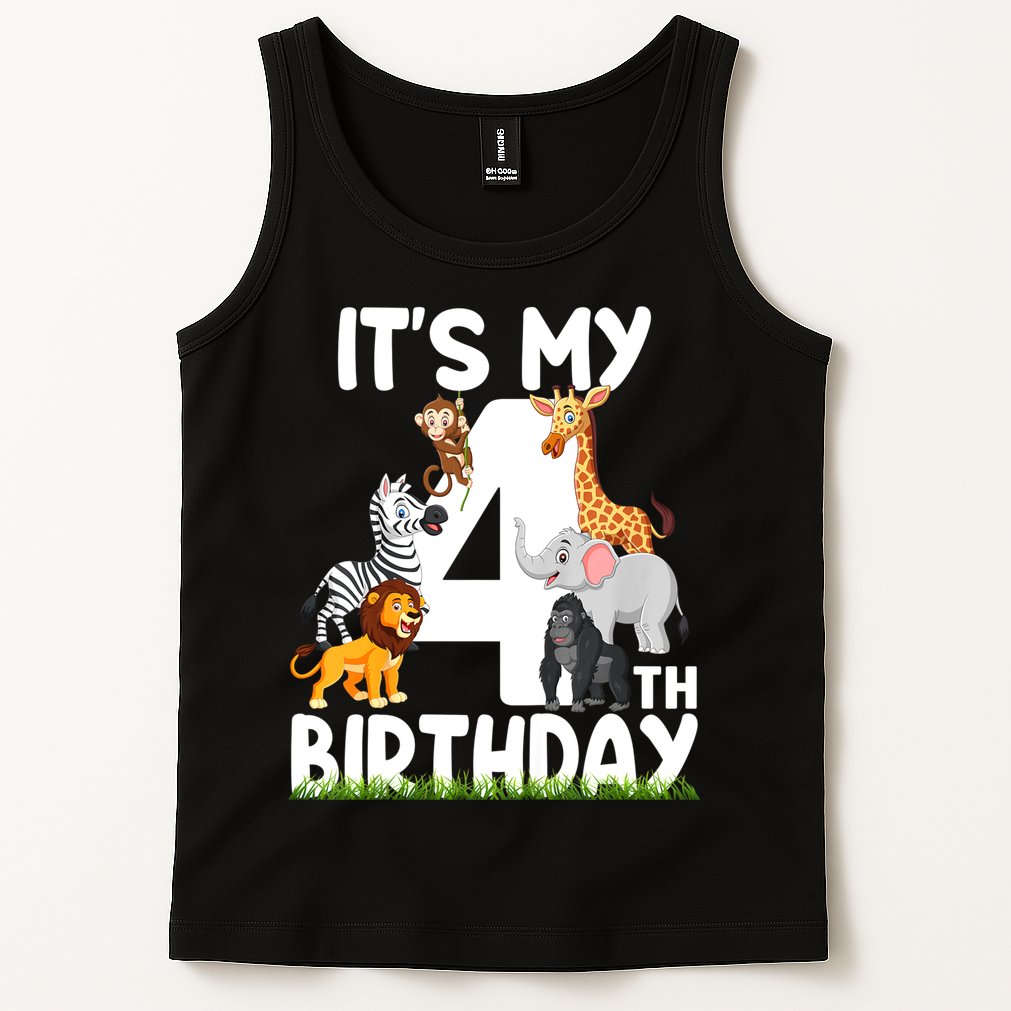 Kids It's My 4th Birthday Zoo Jungle Safari 4 Years Old Animals Tank Top