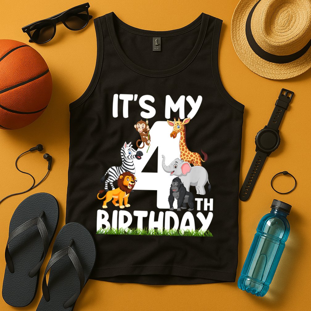 Kids It's My 4th Birthday Zoo Jungle Safari 4 Years Old Animals Tank Top