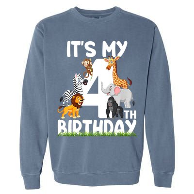 Kids It's My 4th Birthday Zoo Jungle Safari 4 Years Old Animals Garment-Dyed Sweatshirt