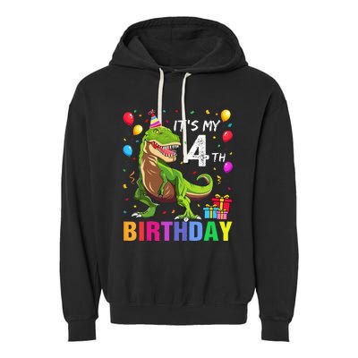 Kids Its My 4th Birthday Happy 4 Year T Rex Garment-Dyed Fleece Hoodie